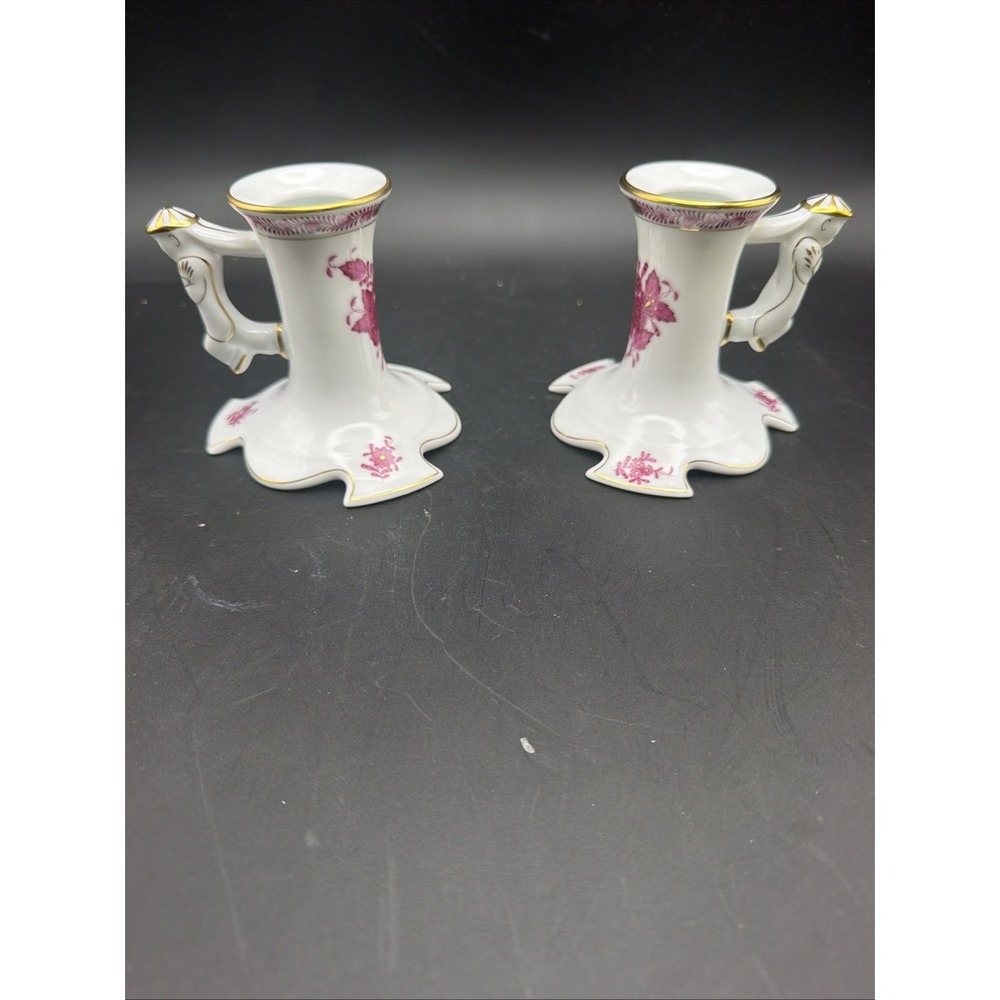 Herend Apponyi Purple Pair Figural Candlesticks 7900-0-21/AP Hungary 24K Gold